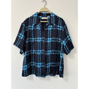 Marni x Uniqlo Shirt Men’s M Medium Blue Painted Plaid Button Up Boxy Short Slv